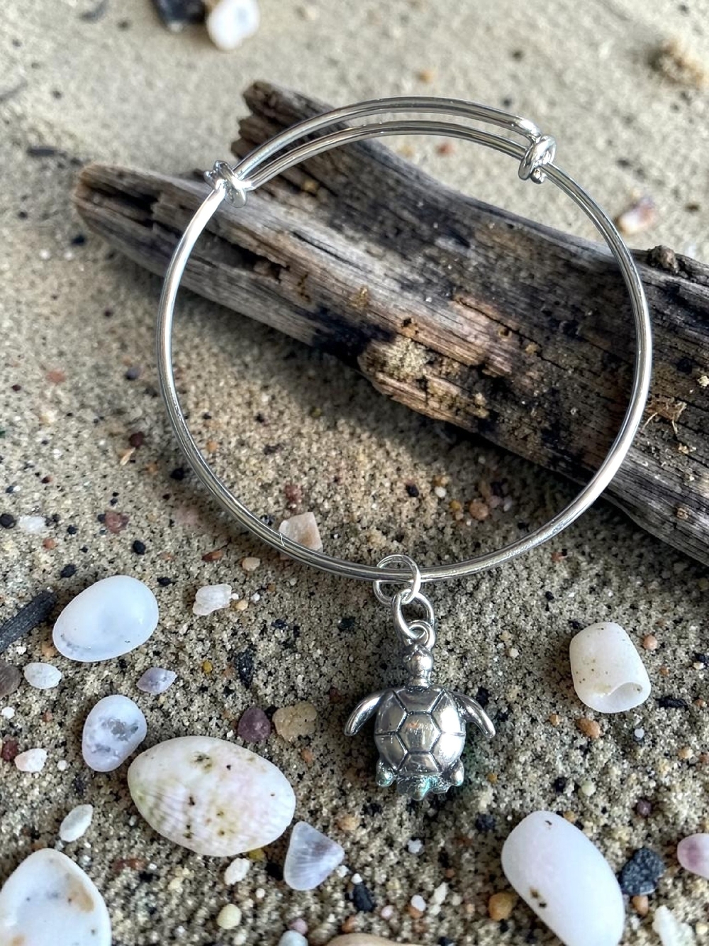Silver Adjustable Wire Bangle Bracelet Sea Turtle Charm